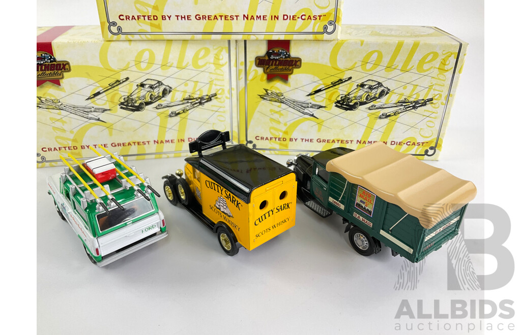 Three Matchbox Diecast Models of Yesteryear Including 1929 Morris Light Van, 1932 Ford AA Truck, 1966 Ford Bronco
