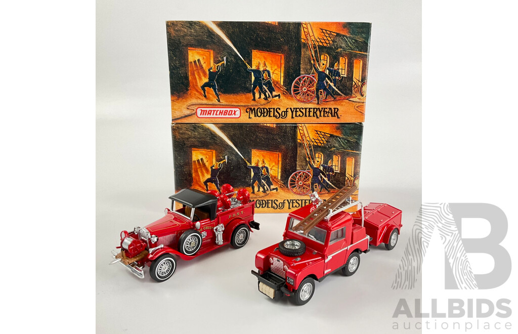 Two Matchbox Diecast Models of Yesteryear Fire Engines Series Including 1930 Ford Model A Battalion Chiefs Vehicle, 1948 Land Rover Auxiliary