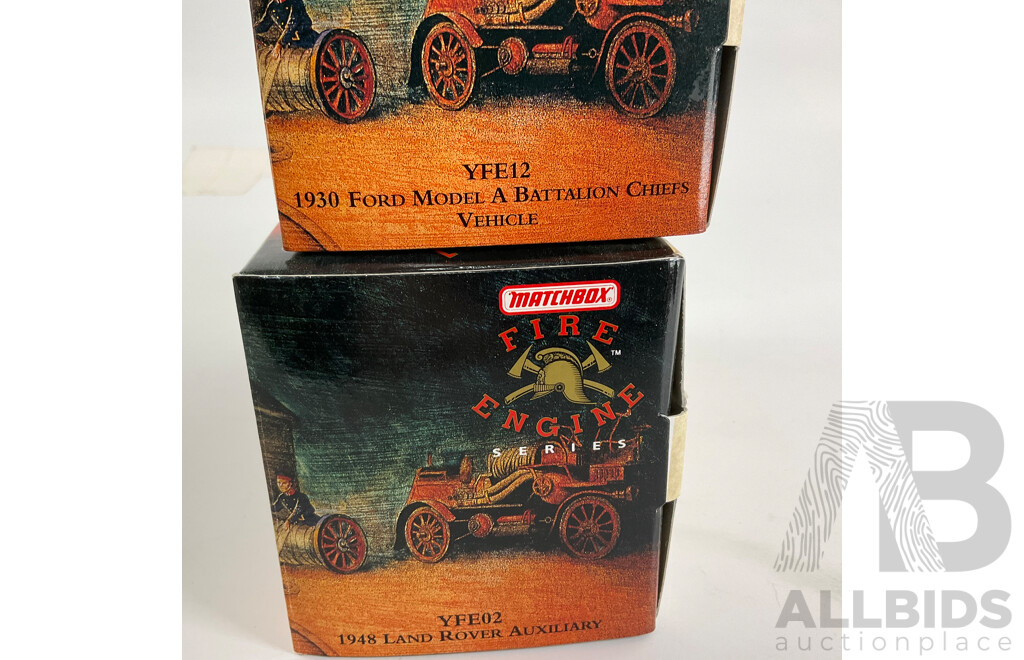 Two Matchbox Diecast Models of Yesteryear Fire Engines Series Including 1930 Ford Model A Battalion Chiefs Vehicle, 1948 Land Rover Auxiliary