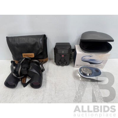 Pentax 8x40 PCF V Binoculars - Nextech 1080p Outdoor Trail Camera - Eschenbach Powerlux Magnifier