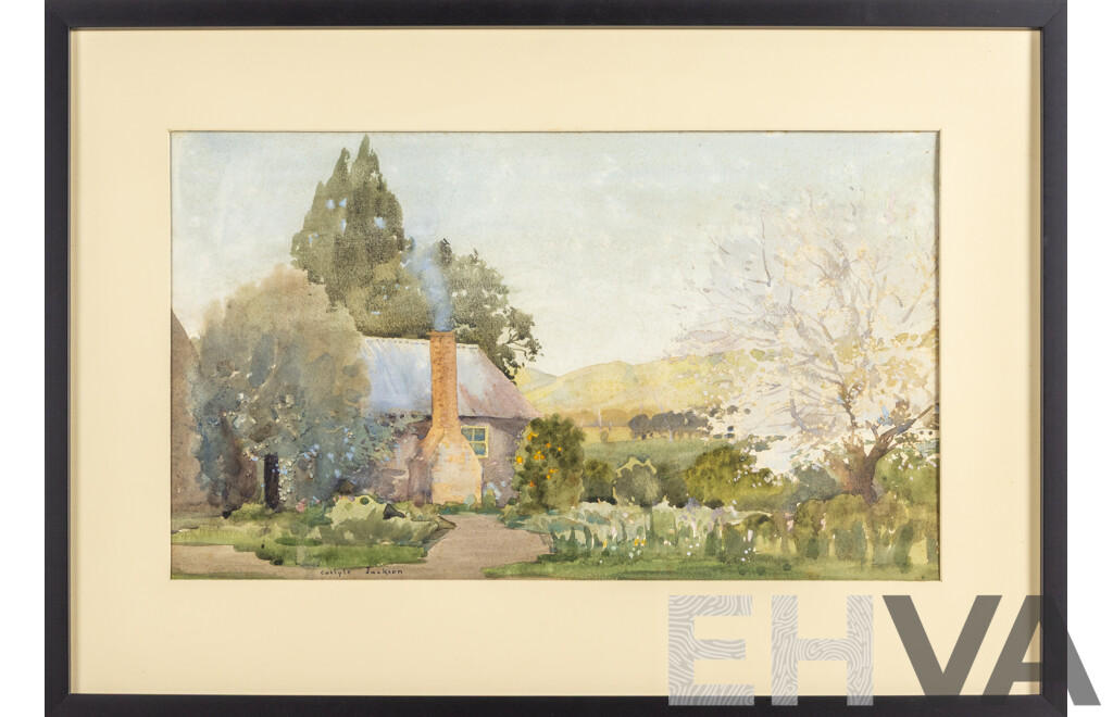 Carlyle Jackson, (19/20th Centuries, Australian, 1891-1940), Country Home with Cottage Garden, Lovely Original Antique Watercolour, 69W 6x 49H cm (frame)