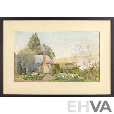 Carlyle Jackson, (19/20th Centuries, Australian, 1891-1940), Country Home with Cottage Garden, Lovely Original Antique Watercolour, 69W 6x 49H cm (frame)