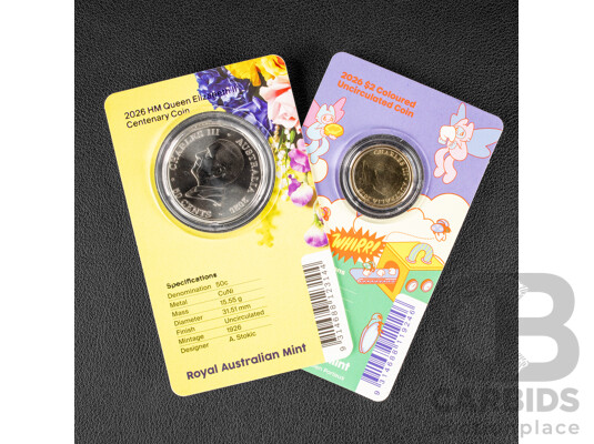 Australian RAM 2026 Coloured Two Dollar Coin, Tooth Fairy and 2026 Fifty Cent, C Privy Mark, Her Majesty Queen Elizabeth II Centenary