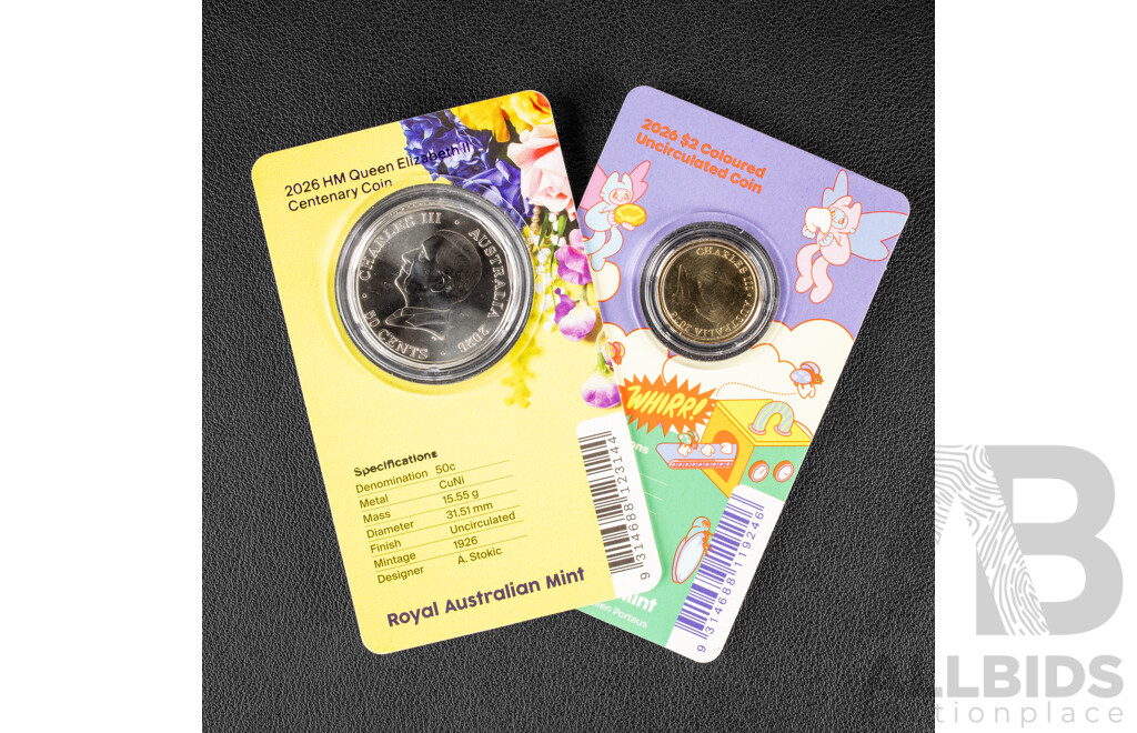 Australian RAM 2026 Coloured Two Dollar Coin, Tooth Fairy and 2026 Fifty Cent, C Privy Mark, Her Majesty Queen Elizabeth II Centenary