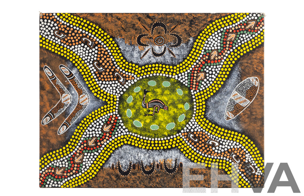 Signed Indistinctly, (20th Century, Indigenous-Australian), Emu Spirit Dreaming, Original Acrylic on Canvas Board, 35H x 45 W cm