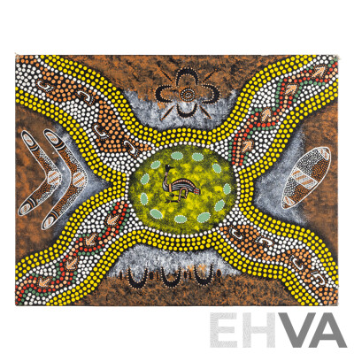 Signed Indistinctly, (20th Century, Indigenous-Australian), Emu Spirit Dreaming, Original Acrylic on Canvas Board, 35H x 45 W cm