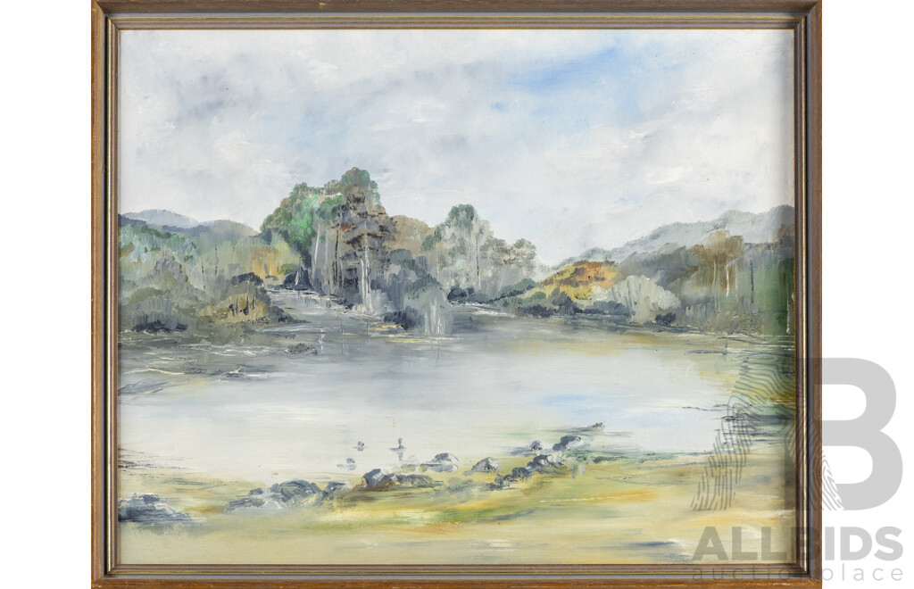 Artist Unknown (20th Century), Quiet Shoreline, Original Vintage Oil on Canvas Board, 44H x 54W cm (frame)