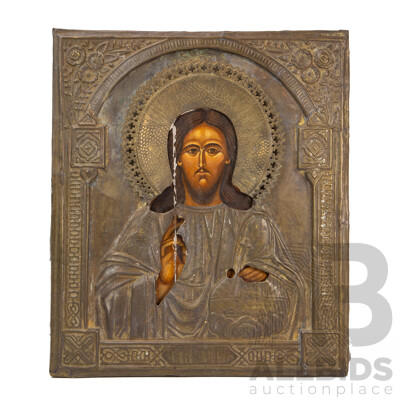 Eastern Orthodox Christ Pantocrator (Christ the Almighty), Antique (^c1880) Hand Painted on Plaster with Wooden Panel and Pressed Metal Riza, 36H x 31W cm