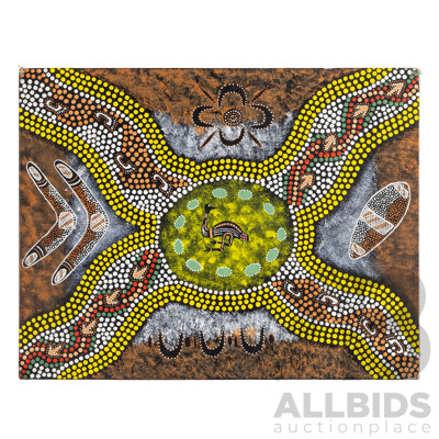 Signed Indistinctly, (20th Century, Indigenous-Australian), Emu Spirit Dreaming, Original Acrylic on Canvas Board, 35H x 45 W cm