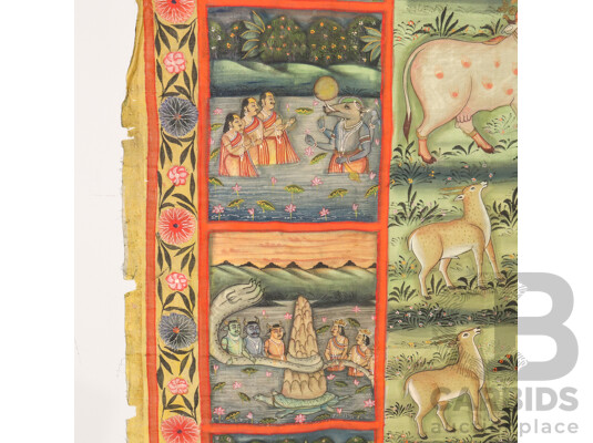Hand Painted Indian Wall Hanging Pichwai, Krishna Gods – Hindu Mythology, Hand Painted with Crushed Stone Colours & Natural Pigments on Cotton Panel, 250 x 195 cm
