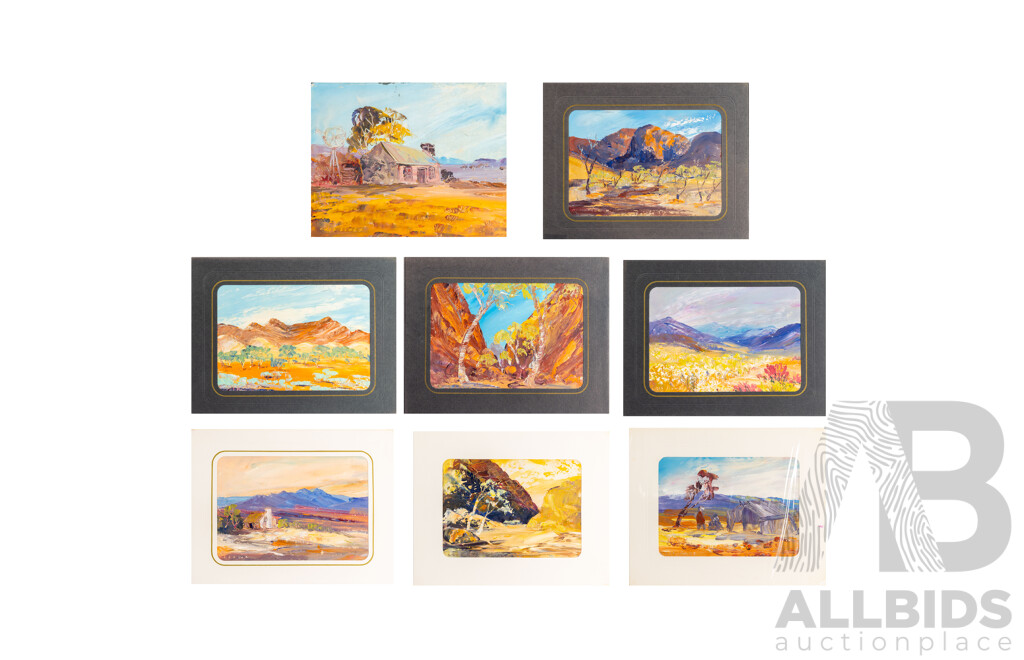 Cris Stolz (20th Century, Indigenous-Australian, Active 1970s), Lovely Collection of EIght Vintahe MIniature Landscapes, Oil on Card, 17 x 22 cm (with mat boards) (8)