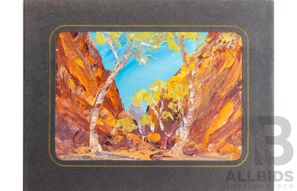 Cris Stolz (20th Century, Indigenous-Australian, Active 1970s), Lovely Collection of EIght Vintahe MIniature Landscapes, Oil on Card, 17 x 22 cm (with mat boards) (8)
