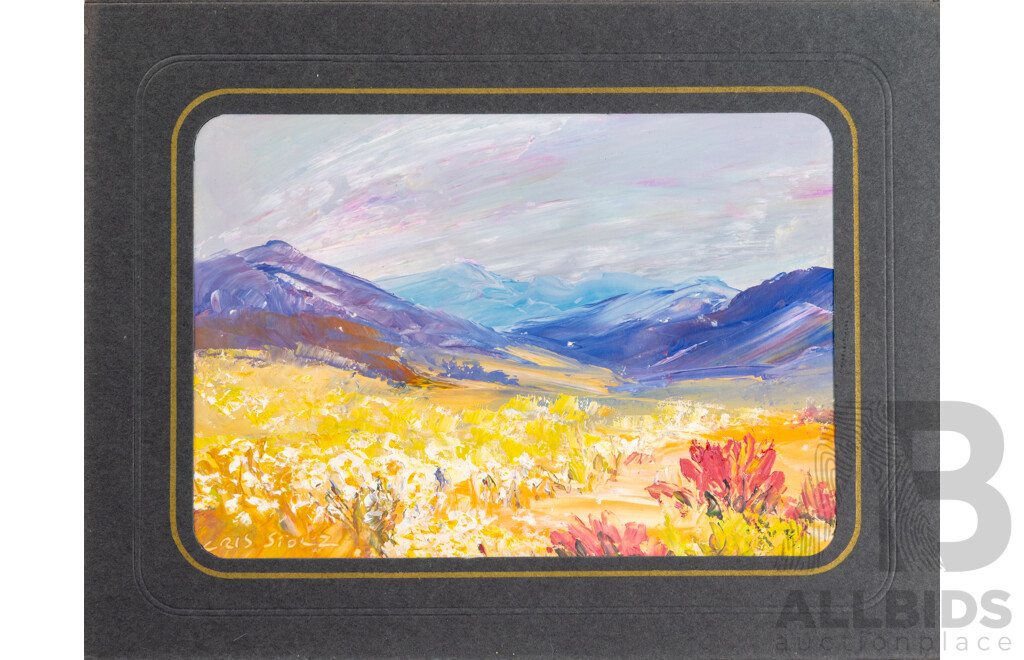 Cris Stolz (20th Century, Indigenous-Australian, Active 1970s), Lovely Collection of EIght Vintahe MIniature Landscapes, Oil on Card, 17 x 22 cm (with mat boards) (8)