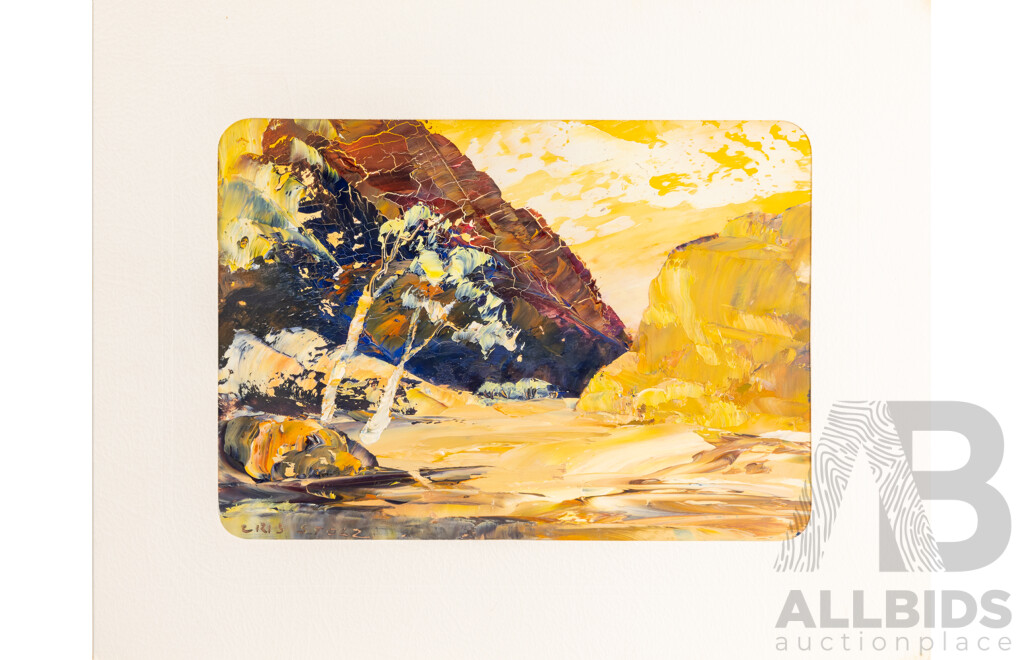 Cris Stolz (20th Century, Indigenous-Australian, Active 1970s), Lovely Collection of EIght Vintahe MIniature Landscapes, Oil on Card, 17 x 22 cm (with mat boards) (8)