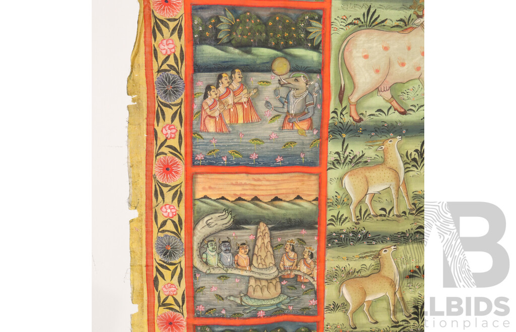 Hand Painted Indian Wall Hanging Pichwai, Krishna Gods – Hindu Mythology, Hand Painted with Crushed Stone Colours & Natural Pigments on Cotton Panel, 250 x 195 cm