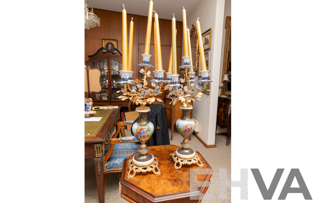 Pair Italian Rococo Esque Five Branch Candelabras with Hand Painted Porcelain Bases and Gilded Metal Feet and Branches