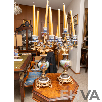 Pair Italian Rococo Esque Five Branch Candelabras with Hand Painted Porcelain Bases and Gilded Metal Feet and Branches
