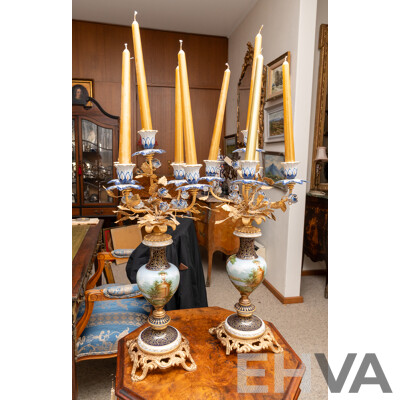 Pair Italian Rococo Esque Five Branch Candelabras with Hand Painted Porcelain Bases and Gilded Metal Feet and Branches
