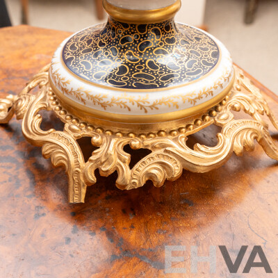 Pair Italian Rococo Esque Five Branch Candelabras with Hand Painted Porcelain Bases and Gilded Metal Feet and Branches