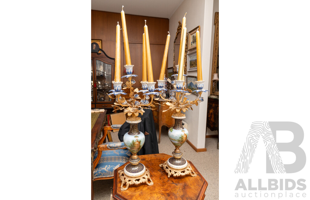 Pair Italian Rococo Esque Five Branch Candelabras with Hand Painted Porcelain Bases and Gilded Metal Feet and Branches