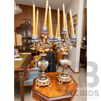 Pair Italian Rococo Esque Five Branch Candelabras with Hand Painted Porcelain Bases and Gilded Metal Feet and Branches