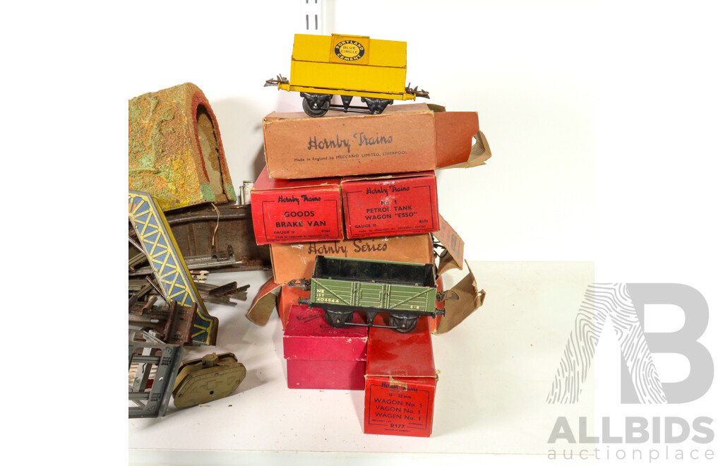 Collection of Vintage Hornby O Gauge Railway Rolling Stock, Scenery Items, Some Boxed