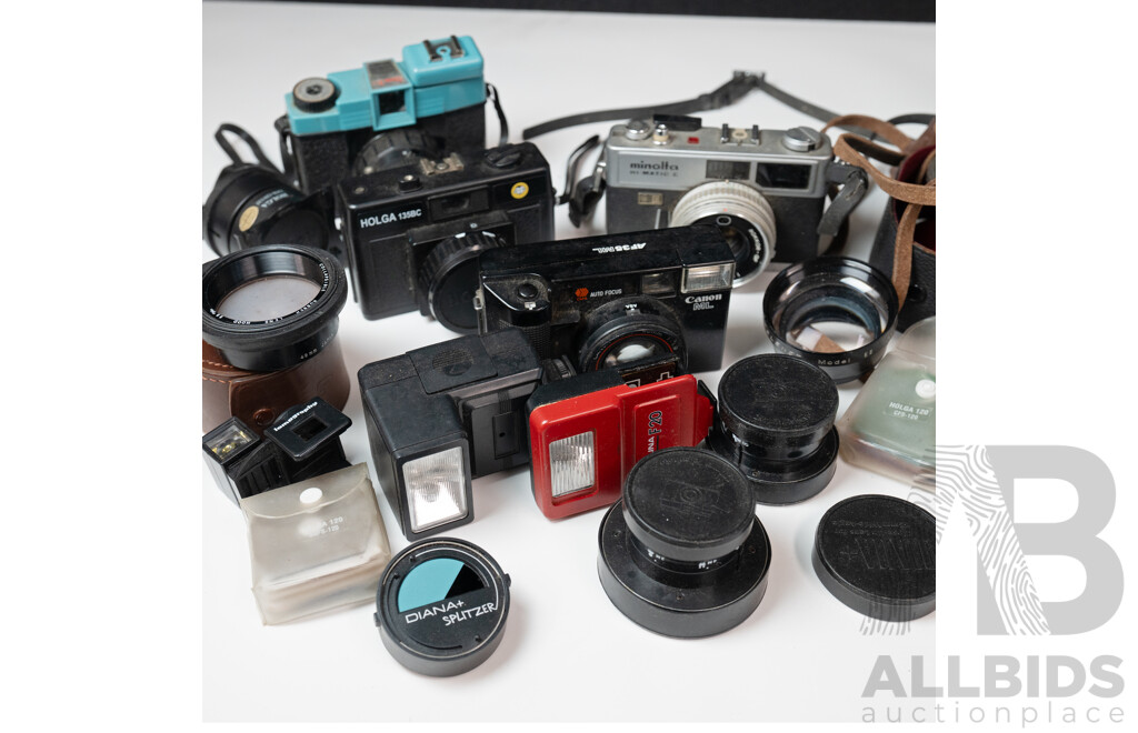Vintage Cameras, Lenses and Flashes Including Canon ML, Minolta Hi-Matic E, Diana F, Holga 135BC