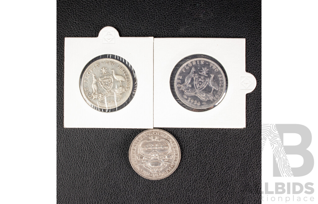 Three Australian KGV Silver Florins Including 1924, 1927 Canberra Commemorative and 1931  .925