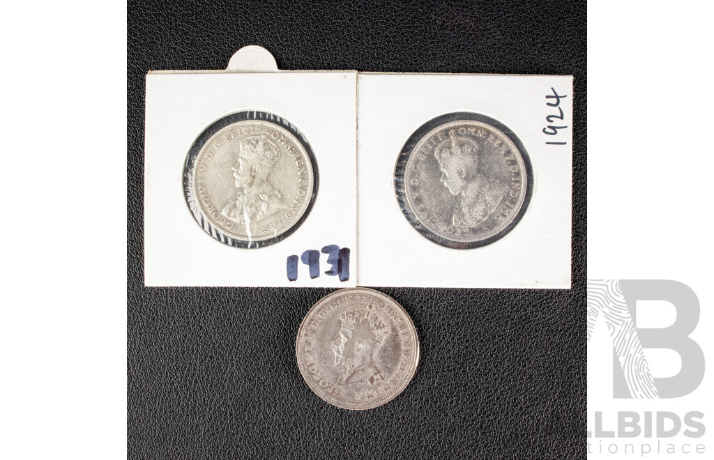 Three Australian KGV Silver Florins Including 1924, 1927 Canberra Commemorative and 1931  .925