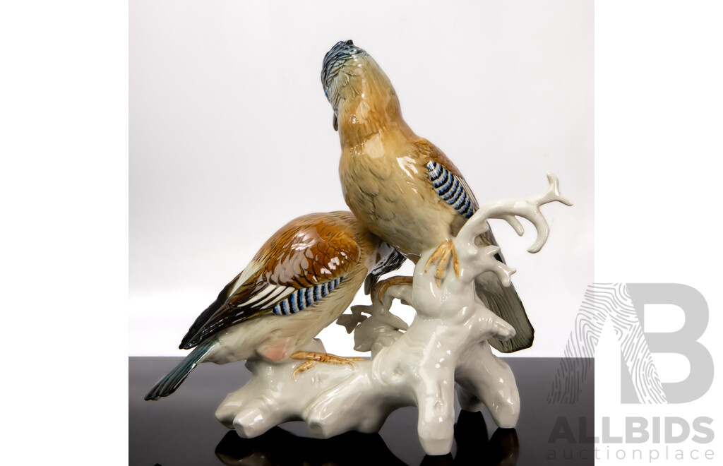Fine Porcelain Perching Blue Jays by Karl Ens