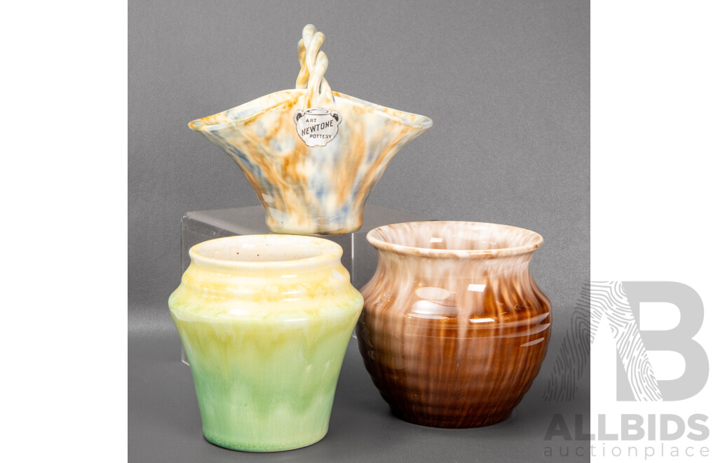 Pair of Newtone Pottery Small Vases and a Basket Example