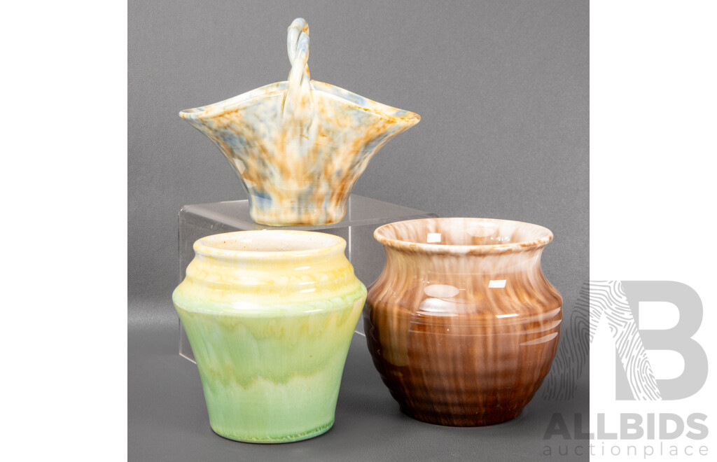 Pair of Newtone Pottery Small Vases and a Basket Example