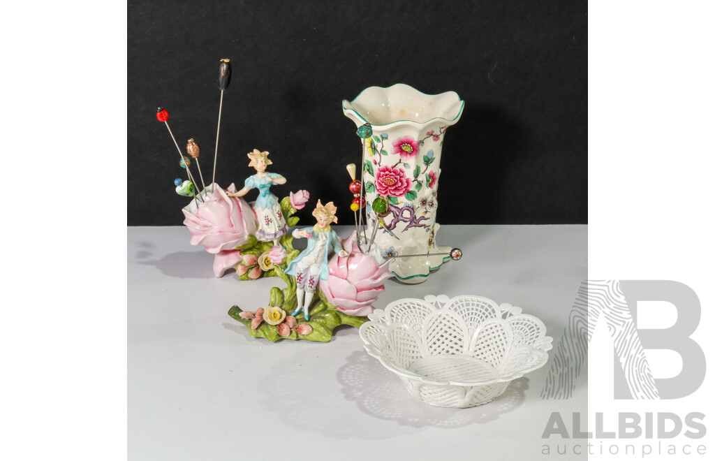 Four Pieces of Various Ceramics Including Two Pin Cushions, Pierced Bowl and Vase