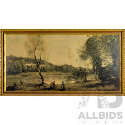 Jean-Baptiste Corot, (1796-1895), Ville D'Avray, View of the Villas Across the Pond, Vintage Reproduction Print After the 1873 Original, 54 x 100 cm (frame)