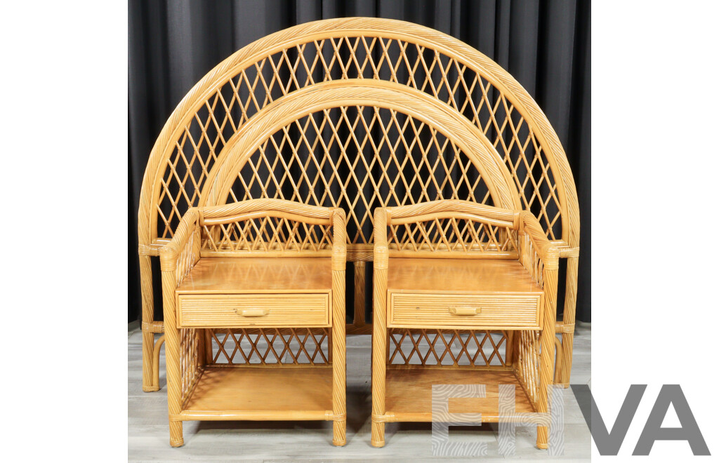 Pair of Vintage Cane and Ply Bedside Chests with Matched Double Bedhead