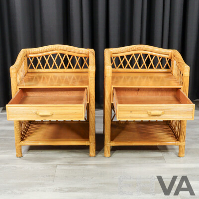 Pair of Vintage Cane and Ply Bedside Chests with Matched Double Bedhead