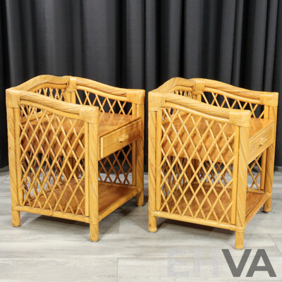 Pair of Vintage Cane and Ply Bedside Chests with Matched Double Bedhead
