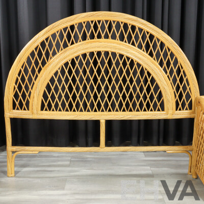 Pair of Vintage Cane and Ply Bedside Chests with Matched Double Bedhead