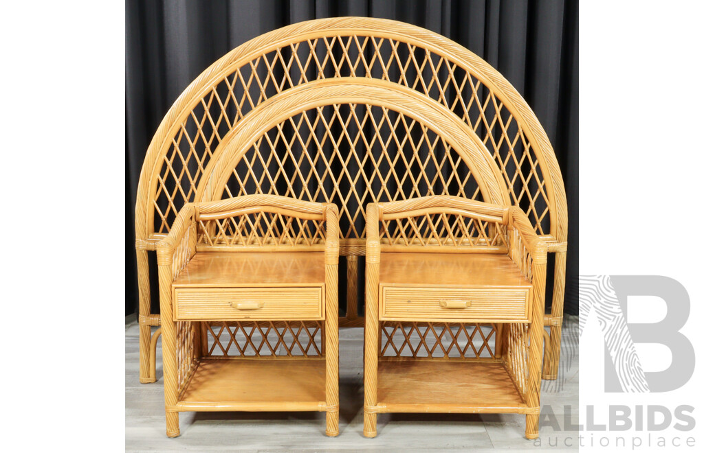 Pair of Vintage Cane and Ply Bedside Chests with Matched Double Bedhead