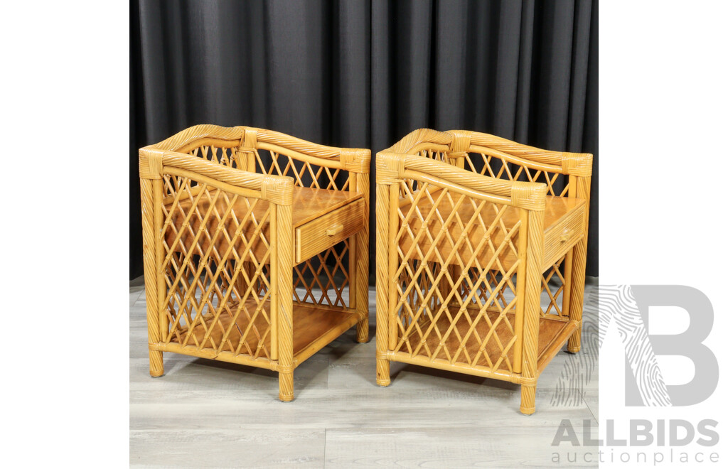 Pair of Vintage Cane and Ply Bedside Chests with Matched Double Bedhead