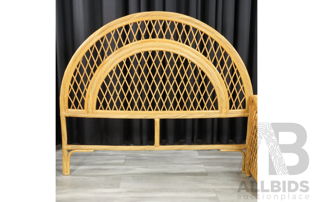 Pair of Vintage Cane and Ply Bedside Chests with Matched Double Bedhead