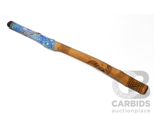 Lewis Burns (20th Century, Indigenous-Australian)  Hand Crafted & Signed Decorative Didgeridoo with Pyrography and Acrylic Detail, 138cm