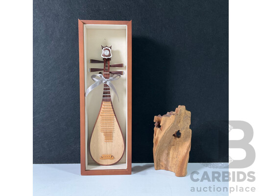 Carved Timber Buddha Ornament with Miniature Chinese Pipa in Timber Display Case