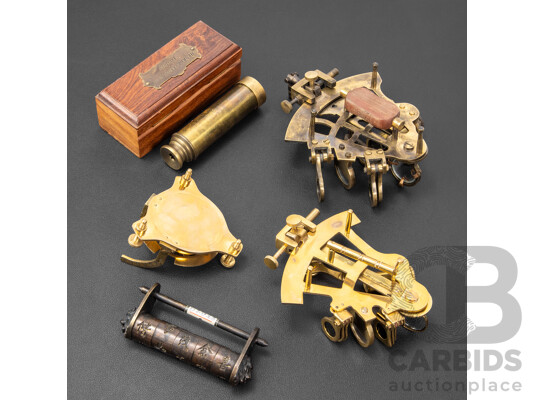 Two Brass Display Sextants Including J. Scott London, Henry Barrow & Co London Telescope, Brass Sundial Compass