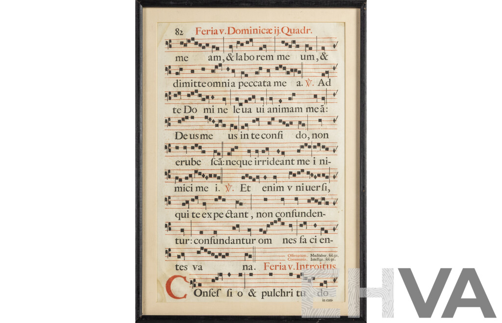 17th Century Antique Liturgical Music Sheet Featuring a Gregorian Chant Written in Latin, Antiphonal Leaf & Ink, 36W x 50H cm (frame)
