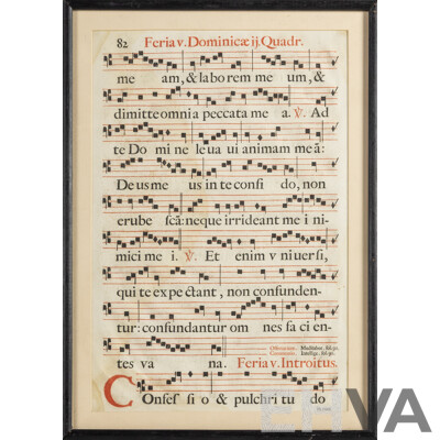 17th Century Antique Liturgical Music Sheet Featuring a Gregorian Chant Written in Latin, Antiphonal Leaf & Ink, 36W x 50H cm (frame)