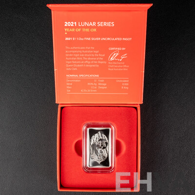 Australian RAM 2021 One Dollar Silver Ingot, Lunar Series III - Year of the Ox .999
