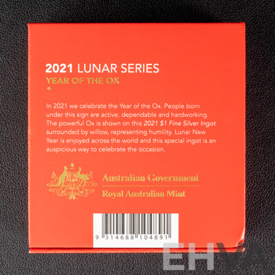 Australian RAM 2021 One Dollar Silver Ingot, Lunar Series III - Year of the Ox  .999