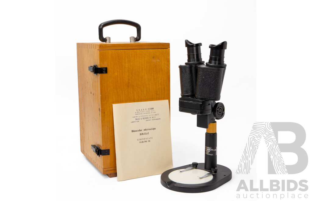 Vintage Binocular Microscope BM-51-2 in Timber Case, Made in USSR