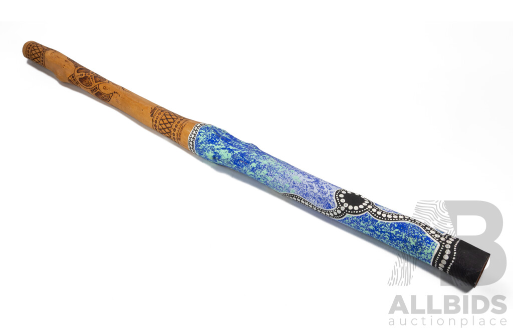 Lewis Burns (20th Century, Indigenous-Australian)  Hand Crafted & Signed Decorative Didgeridoo with Pyrography and Acrylic Detail, 138cm